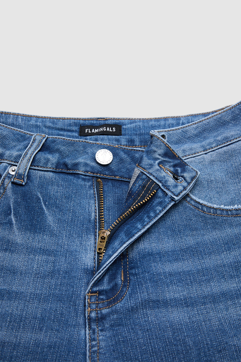 Wash Button Tab Roll Hem Mid Waist Straight Leg Crop Jeans