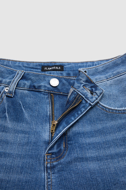 Wash Button Tab Roll Hem Mid Waist Straight Leg Crop Jeans