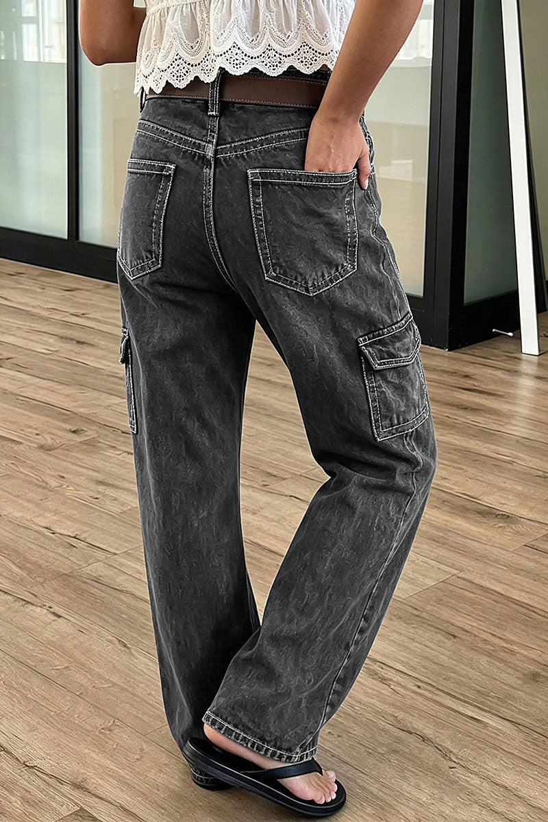 Wash Flap Pocket Seam Detail High Waist Straight Leg Pants Without Belt
