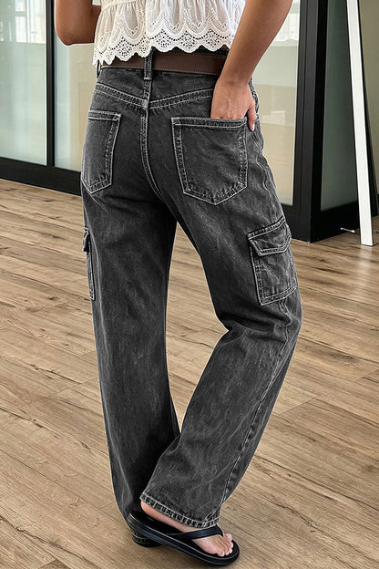 Wash Flap Pocket Seam Detail High Waist Straight Leg Pants Without Belt