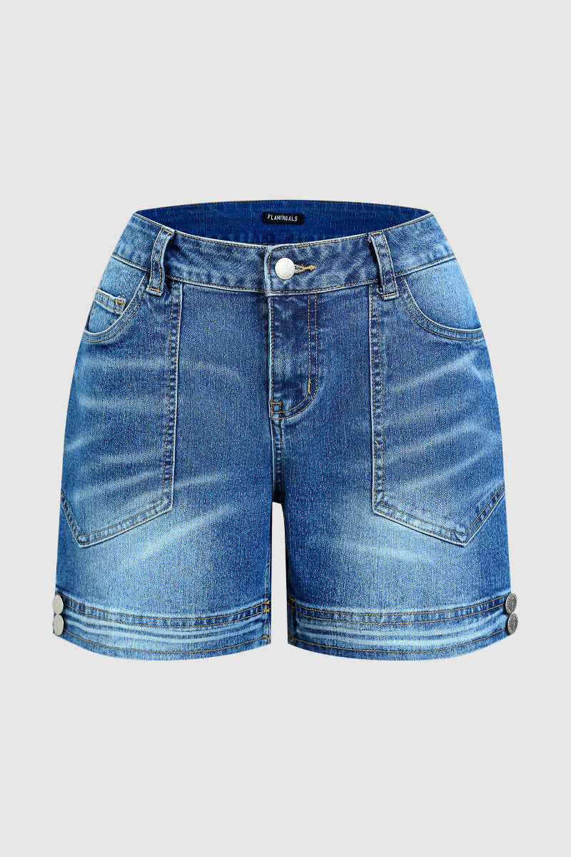 Wash Studded Hem Patch Pocket Mid Rise Mid Thigh Denim Shorts