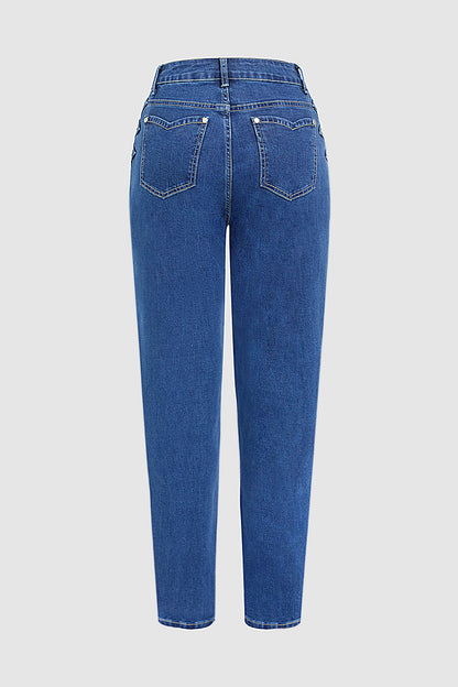 Wash Button Side High Rise Straight Leg Jeans