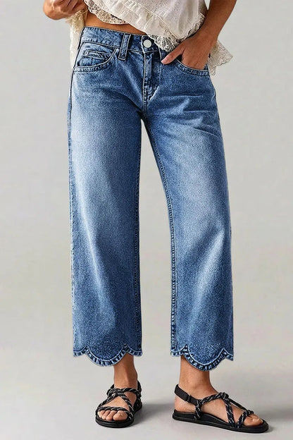 Wash Scallop Hem Mid Waist Straight Leg Crop Jeans