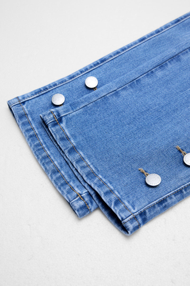 Patch Pocket Button Hem Belted Elastic Waistband Mid Rise Straight Leg Crop Jeans