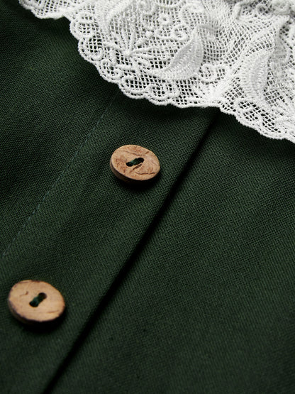 Robe longue en lin, manches longues, col rond, laçage, mélange de lin, vert foncé