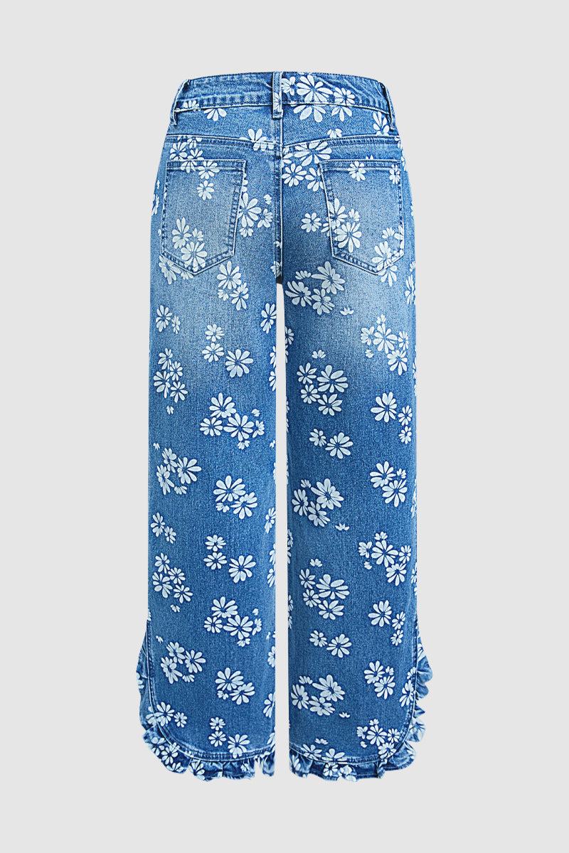 Wash Floral Print Ruffle Split Hem Mid Rise Wide Leg Jeans