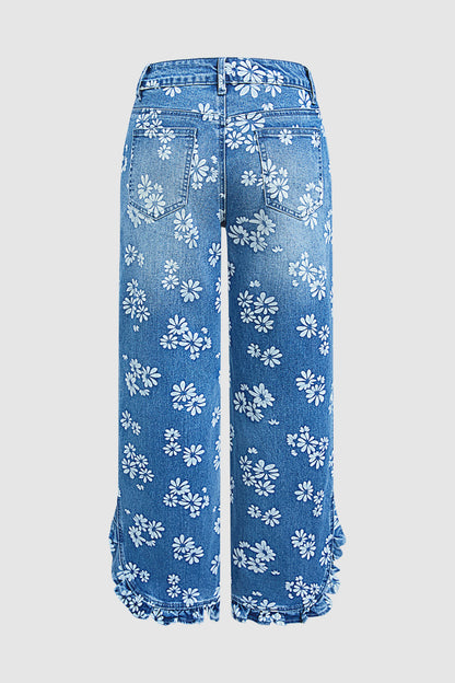Wash Floral Print Ruffle Split Hem Mid Rise Wide Leg Jeans
