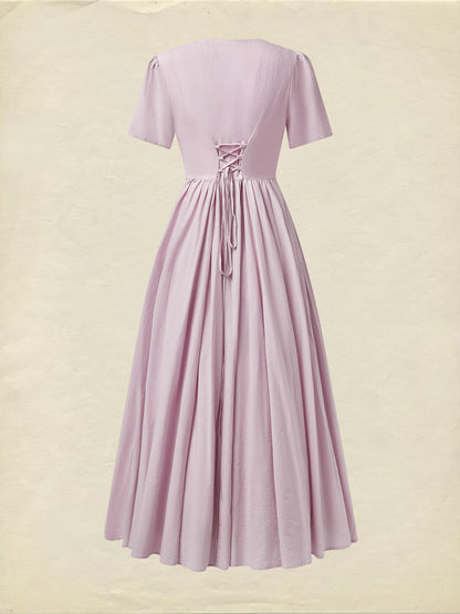 Robe longue en coton, manches courtes, col en V, unie, style vintage, violette