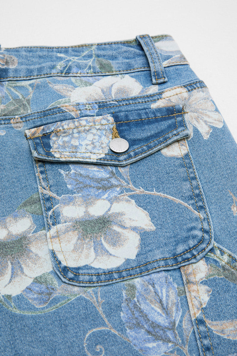 Floral Print Flap Pocket Mid Waist Barrel Leg Capri Jeans