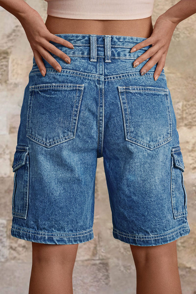 Wash Flap Pocket Dual Button Mid Rise Cargo Denim Bermuda Shorts