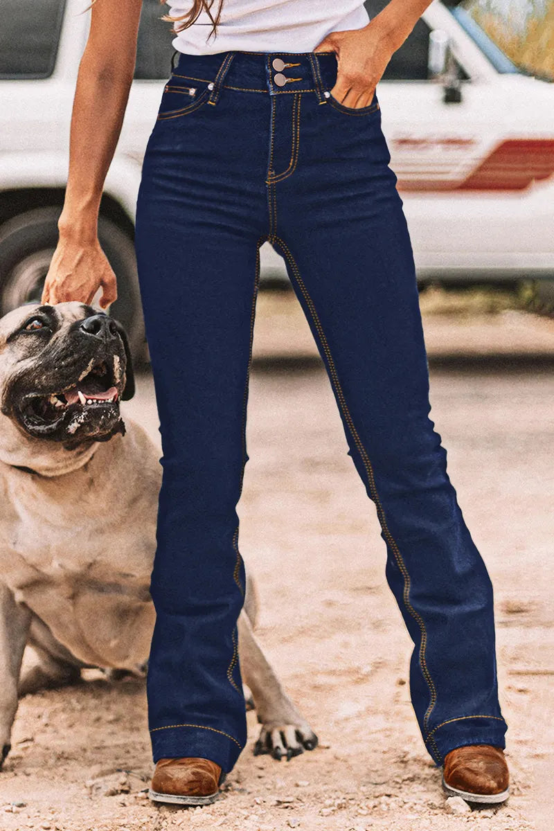 Double Button Stitch Detail High Waist Bootcut Jeans