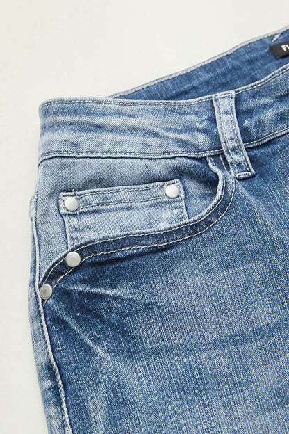 Embroidered Pocket Buttoned Hem Mid Waist Bootcut Jeans Without Belt