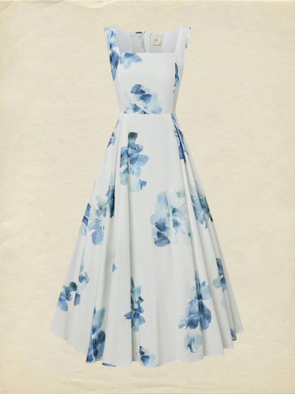 Robe longue en coton, sans manches, col carré, à fleurs, avec poches, vacances, vintage, blanc