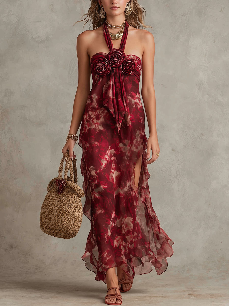 Robe sans manches en mousseline de soie à imprimé floral romantique et roses 3D