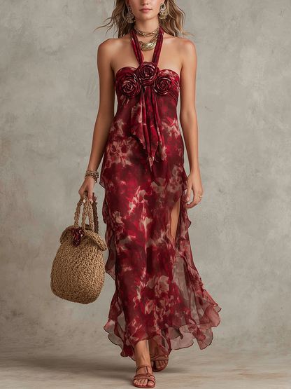 Robe sans manches en mousseline de soie à imprimé floral romantique et roses 3D