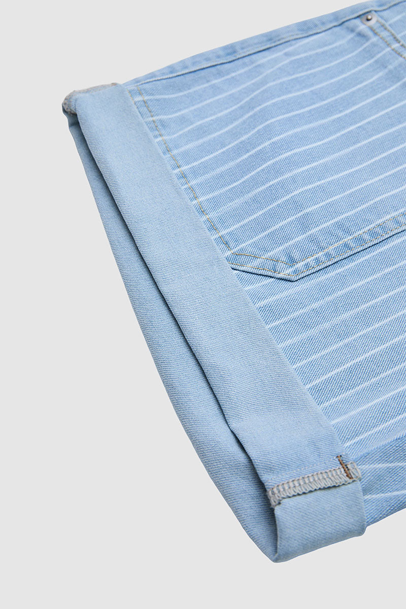 Striped Patch Pocket Roll Hem Mid Rise Denim Shorts Without Belt