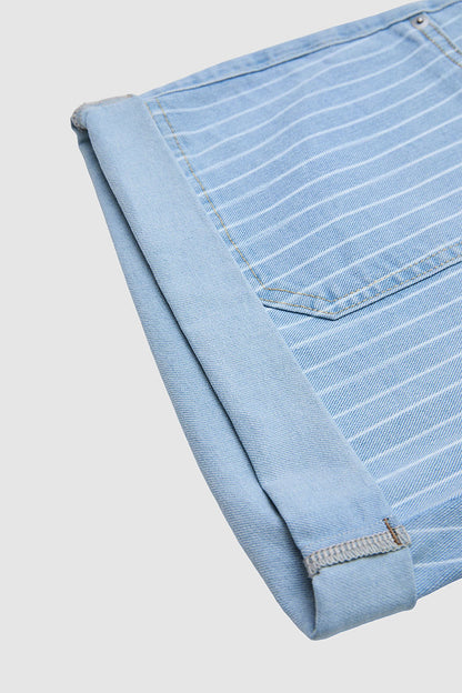 Striped Patch Pocket Roll Hem Mid Rise Denim Shorts Without Belt