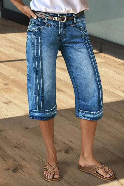 Wash Stitch Detail Mid Waist Straight Leg Capri Jeans Without Belt