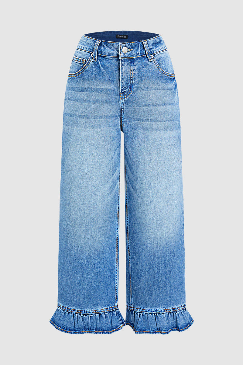 Wash Ruffle Hem High Waist Wide Leg Crop Jeans Without Belt