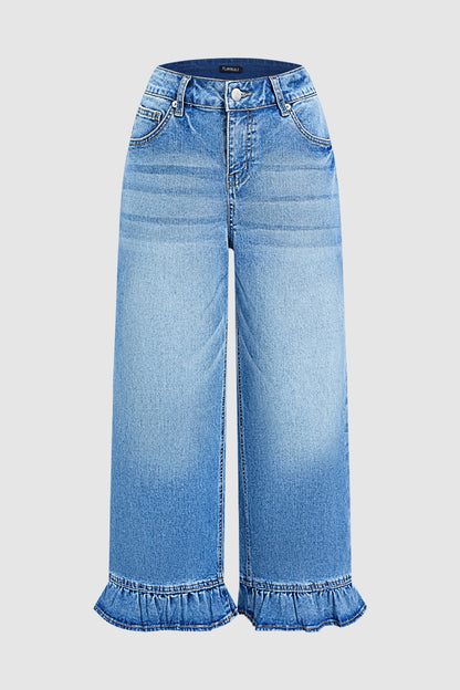 Wash Ruffle Hem High Waist Wide Leg Crop Jeans Without Belt