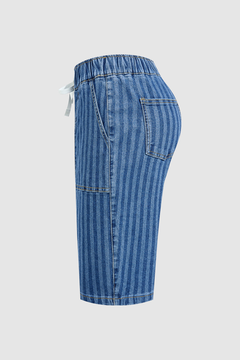 Striped Drawstring Elastic High Rise Denim Bermuda Shorts