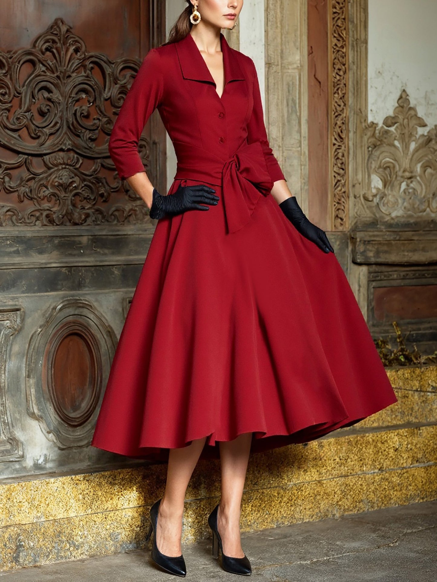 Robe Midi en Lin, Manches Mi-Longues, Col Châle, Unie, Boutonnée, Style Vintage Français, Rouge