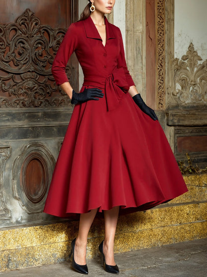 Robe Midi en Lin, Manches Mi-Longues, Col Châle, Unie, Boutonnée, Style Vintage Français, Rouge