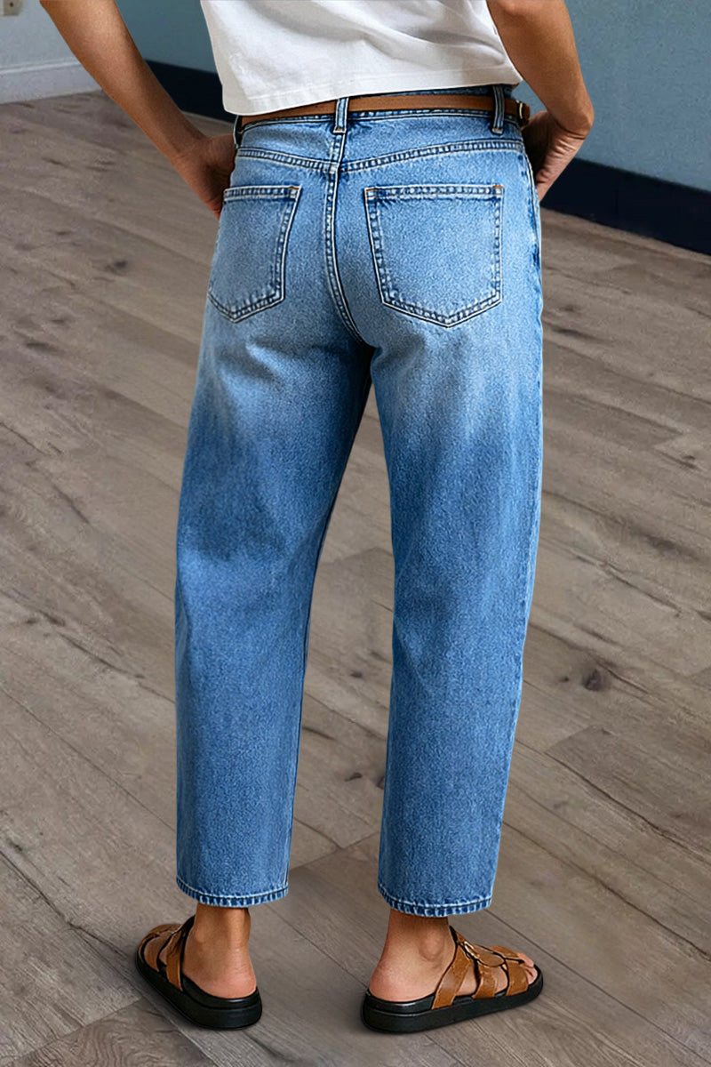 Wash Contrast Stitch Patch Pocket Mid Rise Barrel Leg Crop Jeans Without Belt