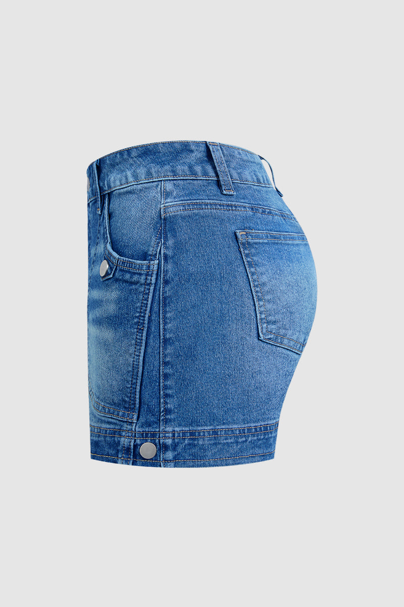 Button Tab Mid Waist Denim Mid Thigh Shorts