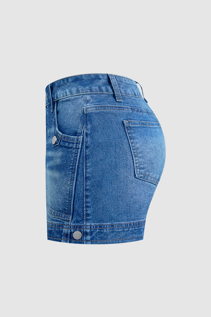 Button Tab Mid Waist Denim Mid Thigh Shorts