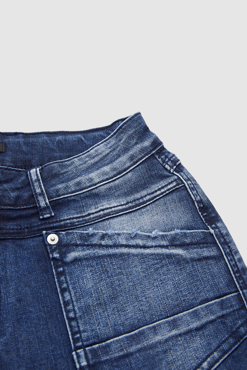 Wash Stitch Detail Flap Pocket High Waist Straight Leg Jeans