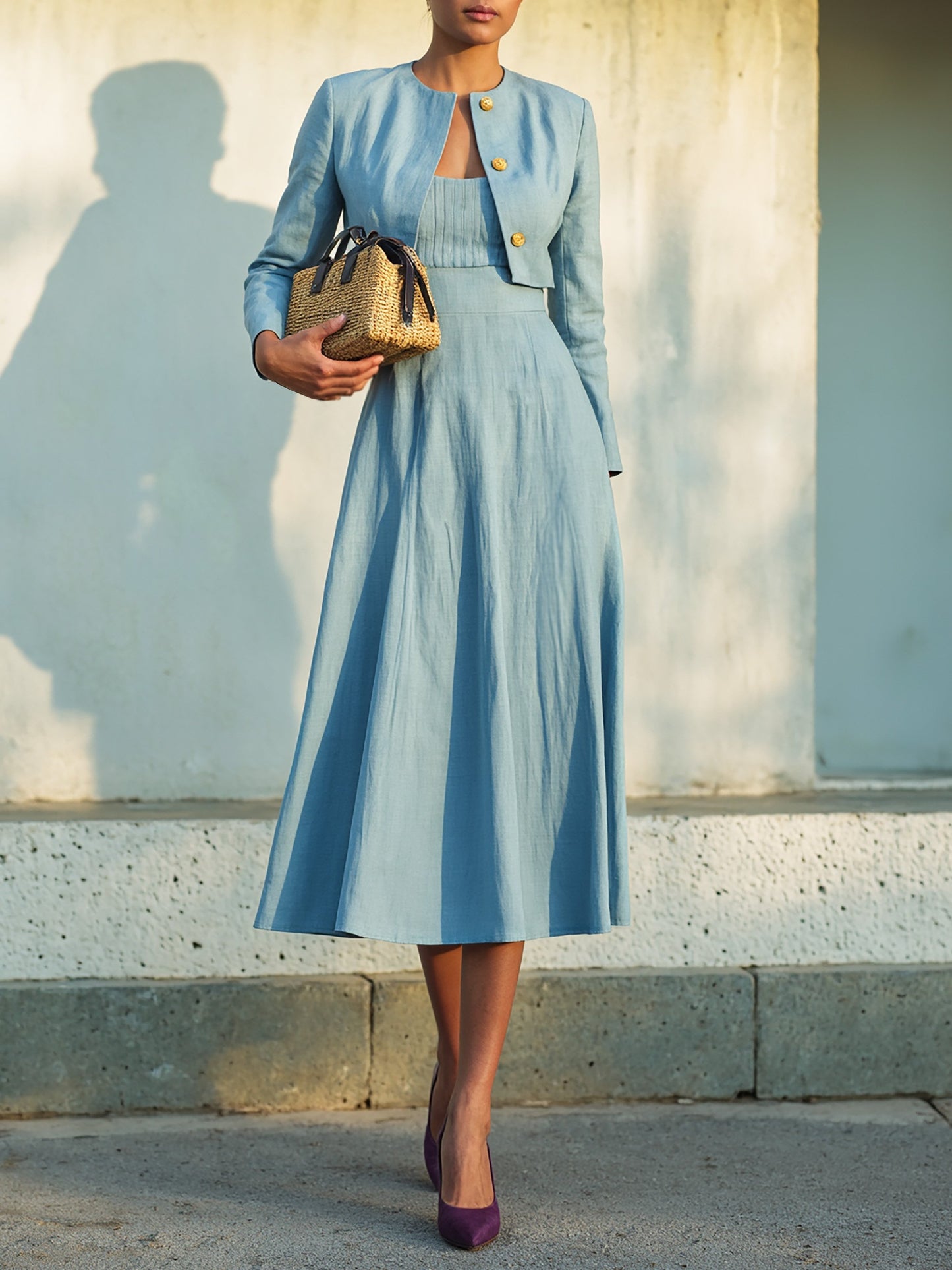 Ensemble robe midi en coton, manches longues, col rond, unie, boutonnée, style vintage français, bleue
