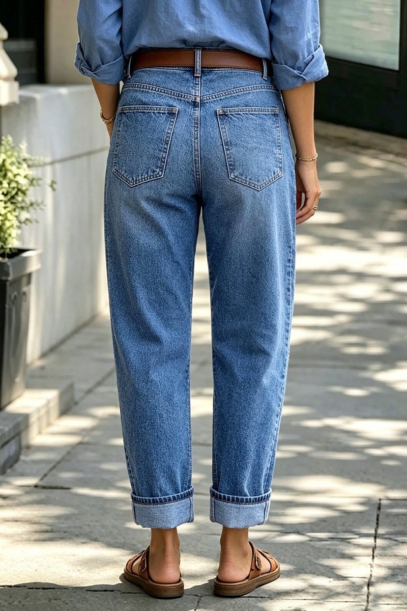 Wash Roll Hem Mid Waist Tapered Crop Jeans Without Belt