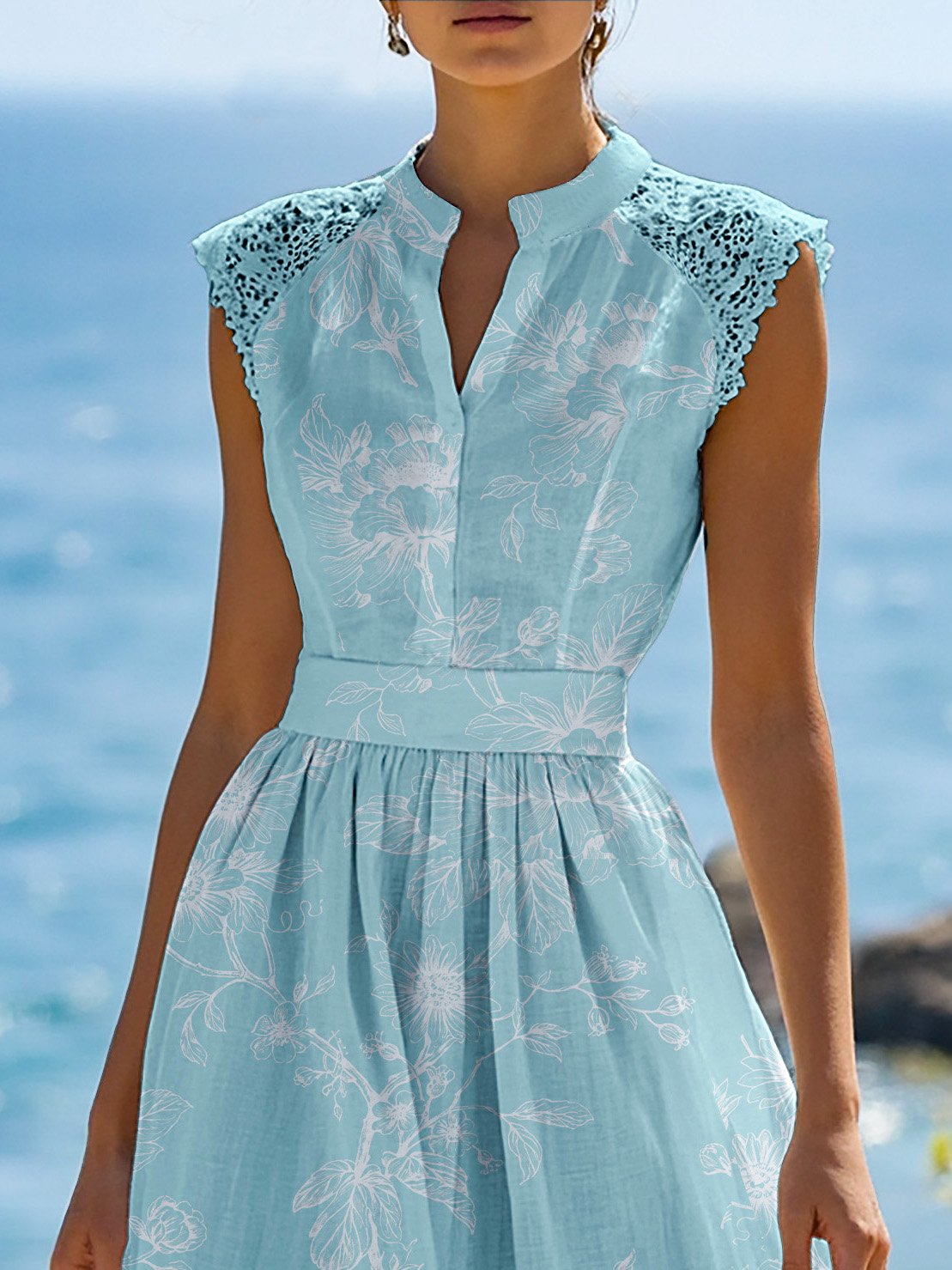 (TAILLE:TP-TTG) Robe longue en lin, Manches courtes, Col montant, Fleuri, Dentelle, Vintage, Bleu
