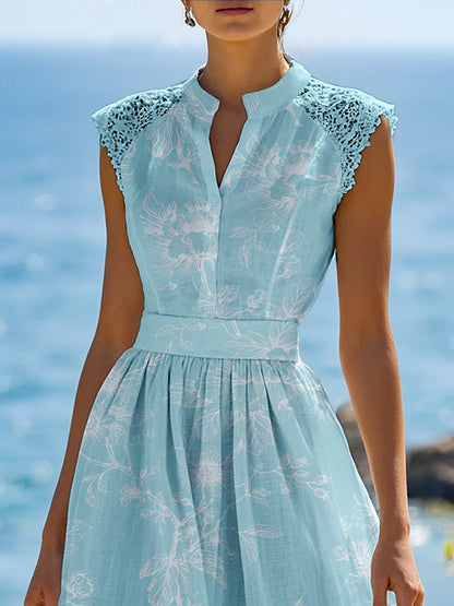 (TAILLE:TP-TTG) Robe longue en lin, Manches courtes, Col montant, Fleuri, Dentelle, Vintage, Bleu