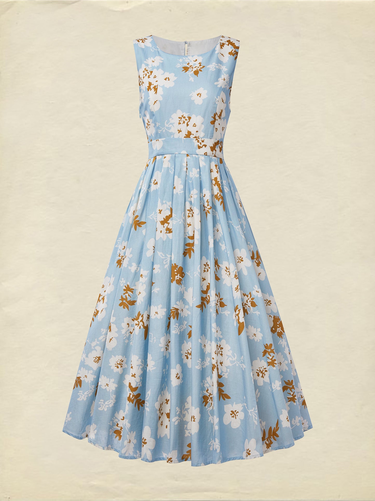 (TAILLE:TP-TTG) Robe Midi en Lin, Sans Manches, Col Rond, Fleuri, Poches, Vintage, Bleu