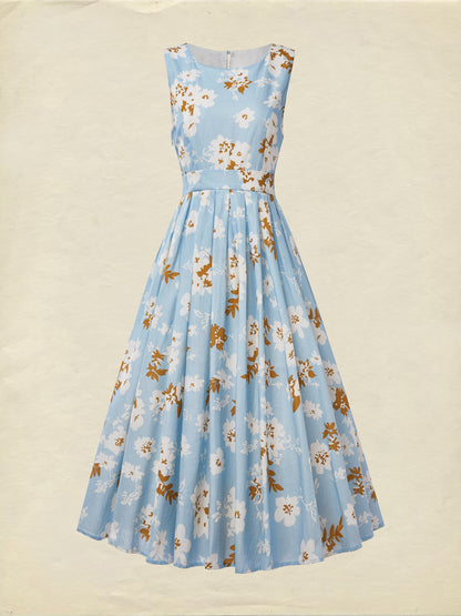 (TAILLE:TP-TTG) Robe Midi en Lin, Sans Manches, Col Rond, Fleuri, Poches, Vintage, Bleu