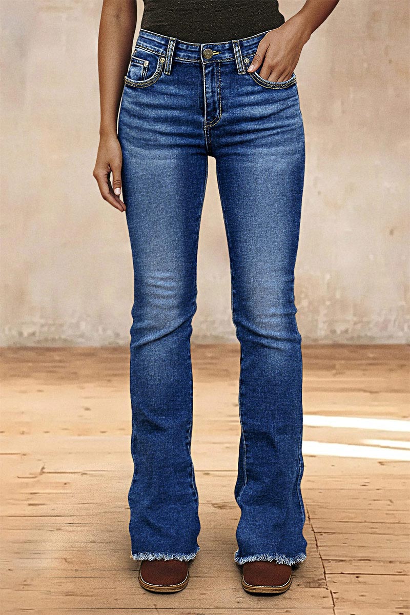 Wash Raw Hem V Cut Pocket Mid Rise Bootcut Jeans