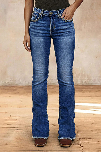 Wash Raw Hem V Cut Pocket Mid Rise Bootcut Jeans