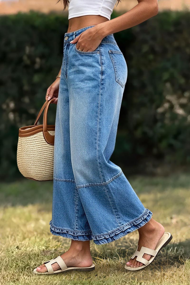 Wash Stitch Detail Ruffle Hem Mid Rise Wide Leg Crop Jeans