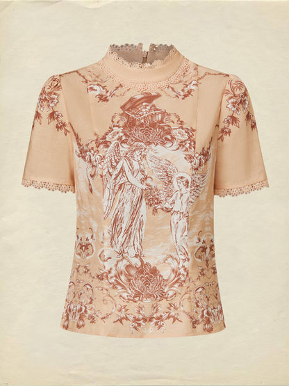 Chemise en coton, manches courtes, col officier, ange, dentelle, vintage, caramel