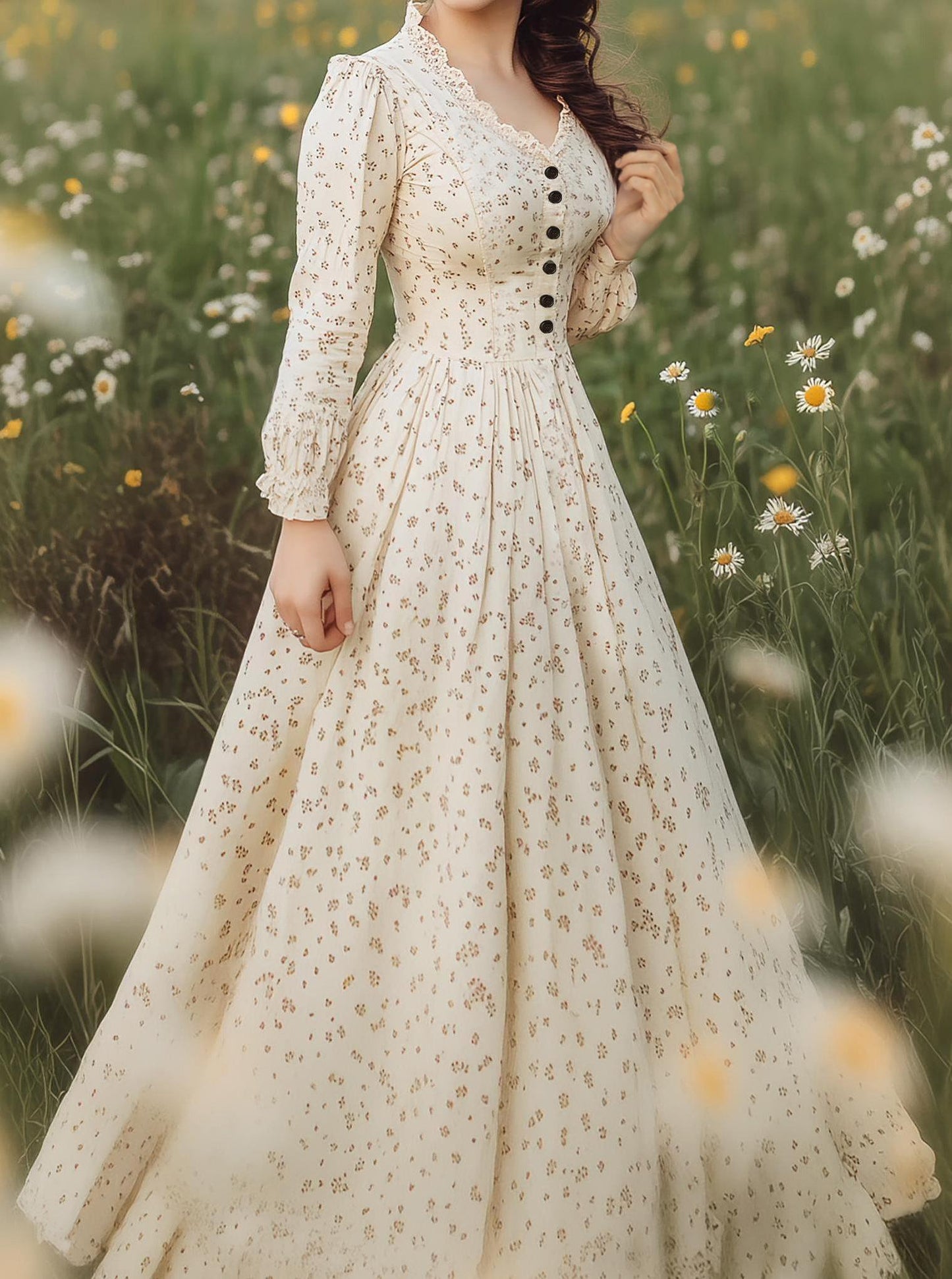 Robe longue en lin, manches longues, col en V, boutonnée, motif floral, couleur abricot