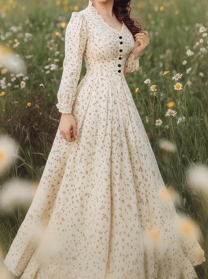 Robe longue en lin, manches longues, col en V, boutonnée, motif floral, couleur abricot