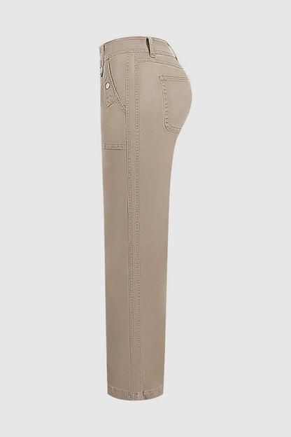 Solid Patch Pocket Mid Waist Wide Leg Pants
