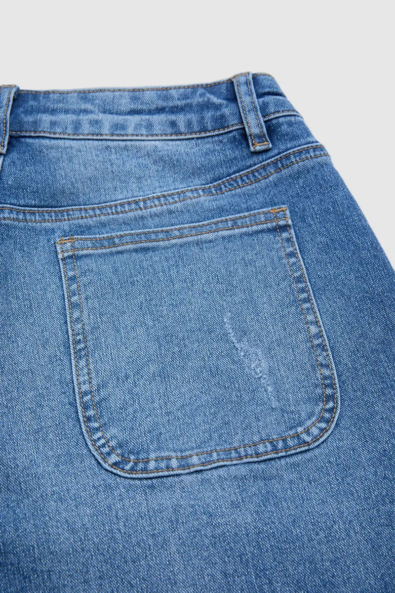 Wash Ripped Raw Hem Mid Rise Straight Leg Crop Jeans