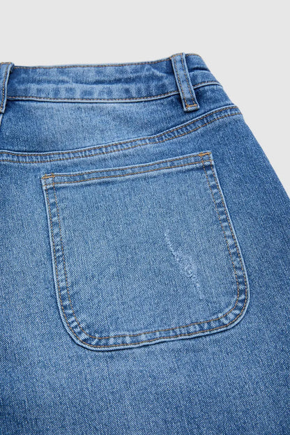 Wash Ripped Raw Hem Mid Rise Straight Leg Crop Jeans