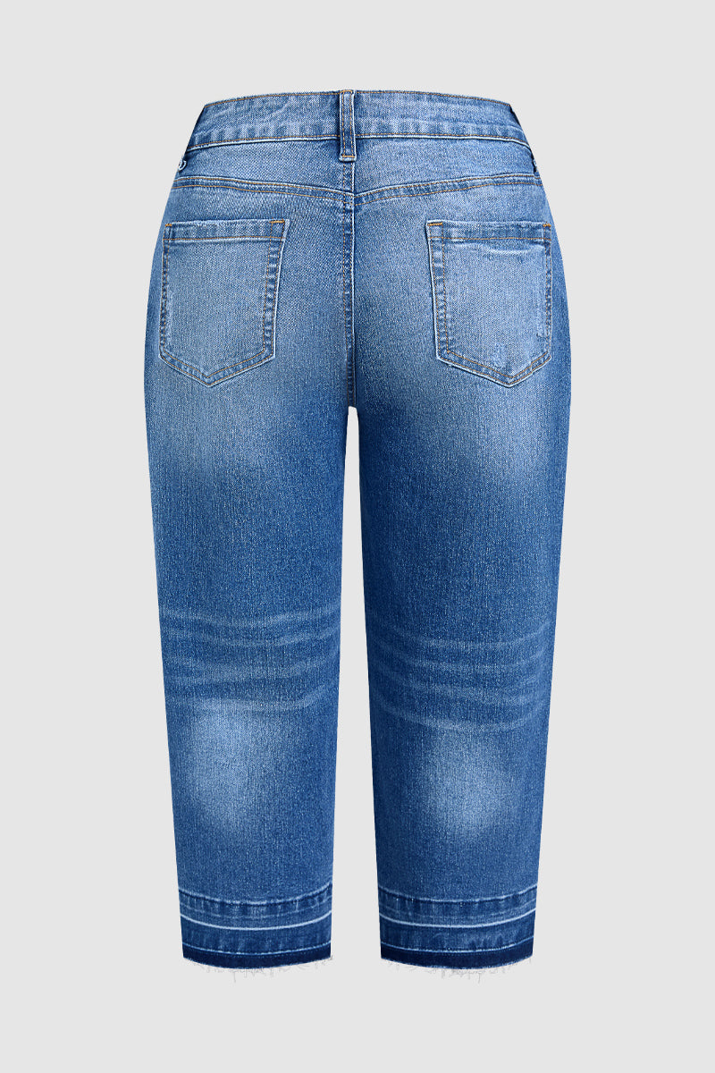 Wash Raw Hem Mid Waist Straight Leg Capri Jeans Without Belt