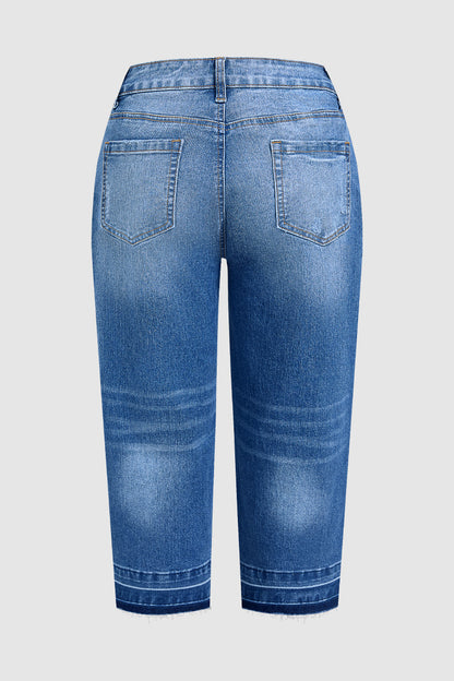 Wash Raw Hem Mid Waist Straight Leg Capri Jeans Without Belt
