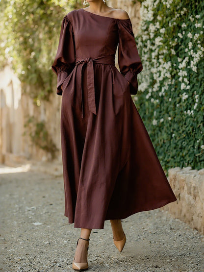 Robe Midi en Coton, Manches Longues, Une Épaule, Unie, Ceinturée, Vintage Français, CAMEO BROWN