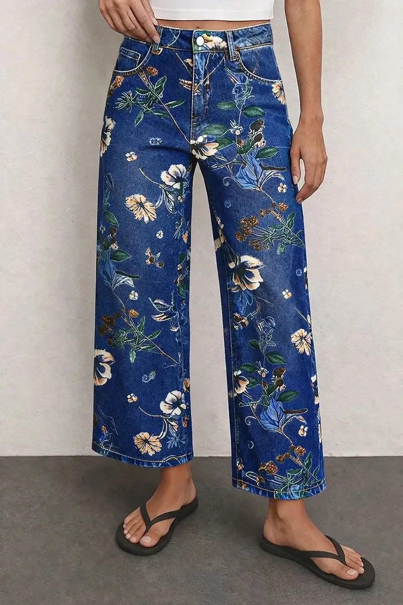 Allover Floral Pattern Straight Leg High Rise Crop Jeans